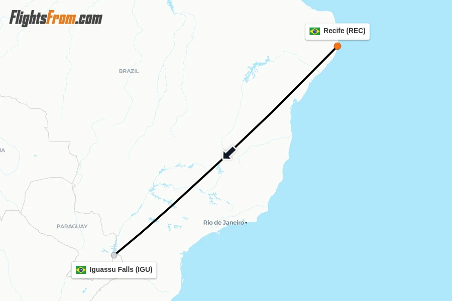 Flights from Recife to Iguassu Falls route map