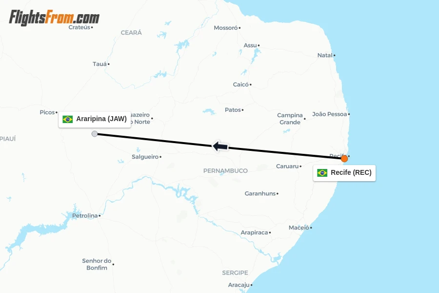 Flights from Recife to Araripina route map