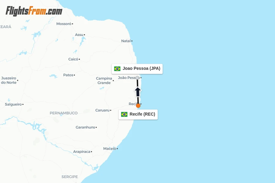 Flights from Recife to Joao Pessoa route map