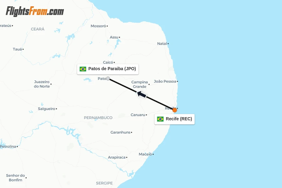 Flights from Recife to Patos de Paraiba route map