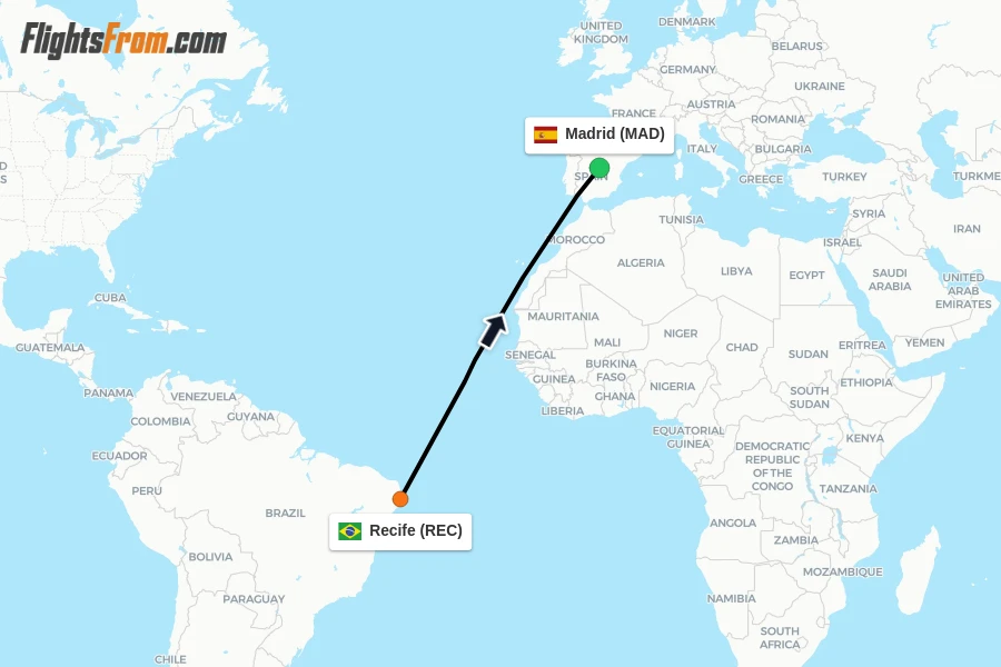 Flights from Recife to Madrid route map
