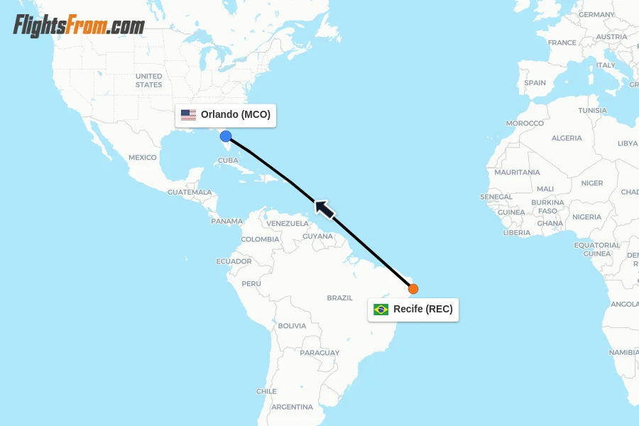 Flights from Recife to Orlando route map