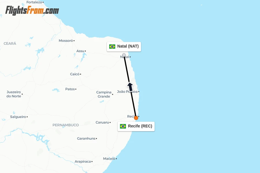 Flights from Recife to Natal route map