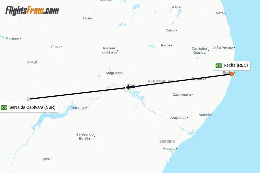 Flights from Recife to Serra da Capivara route map