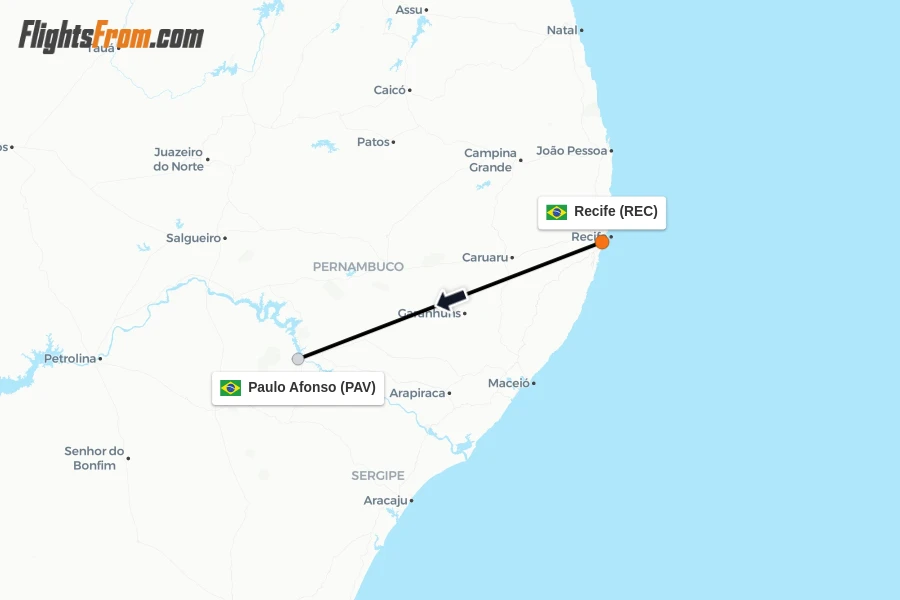 Flights from Recife to Paulo Afonso route map