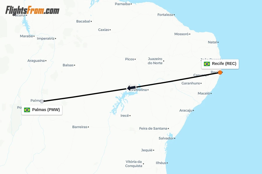 Flights from Recife to Palmas route map
