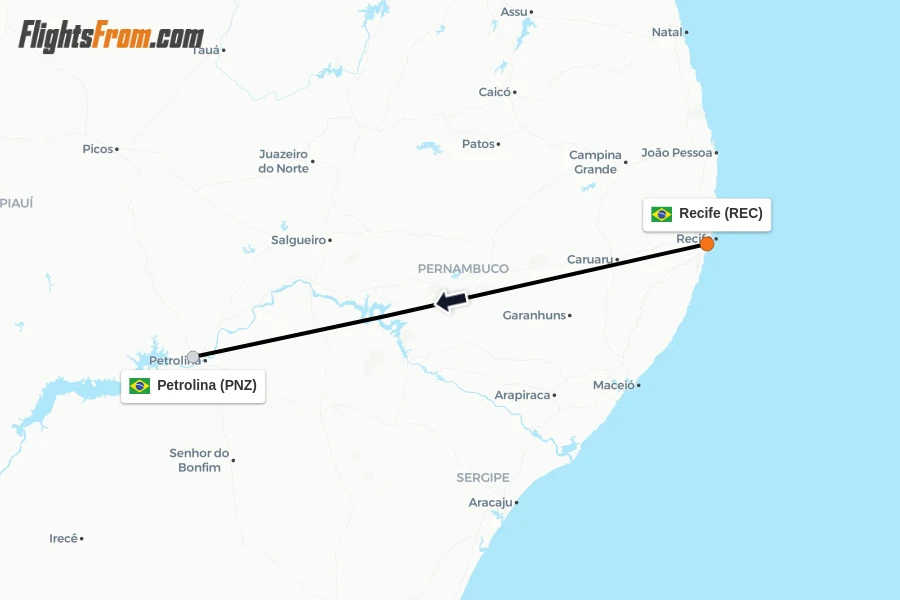 Flights from Recife to Petrolina route map