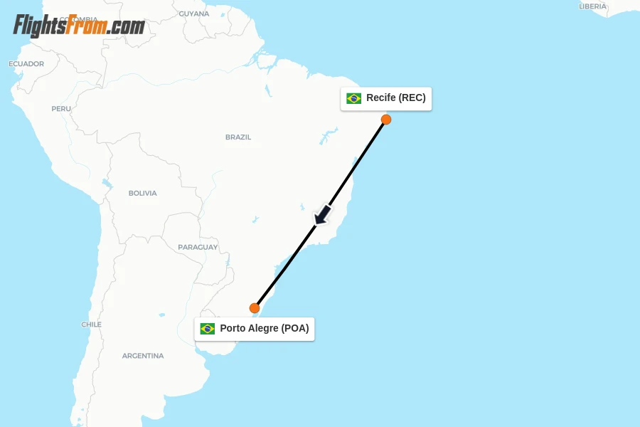Flights from Recife to Porto Alegre route map