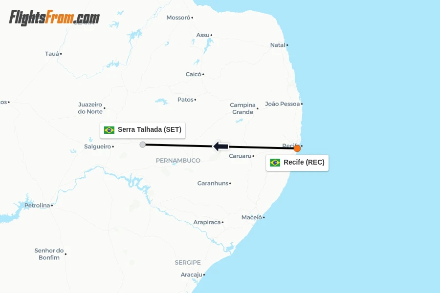 Flights from Recife to Serra Talhada route map
