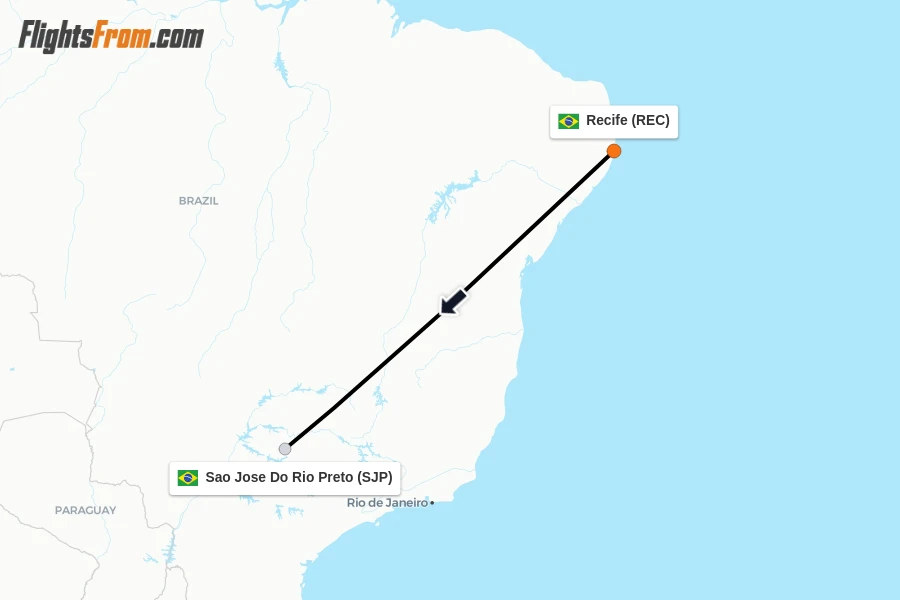 Flights from Recife to Sao Jose Do Rio Preto route map