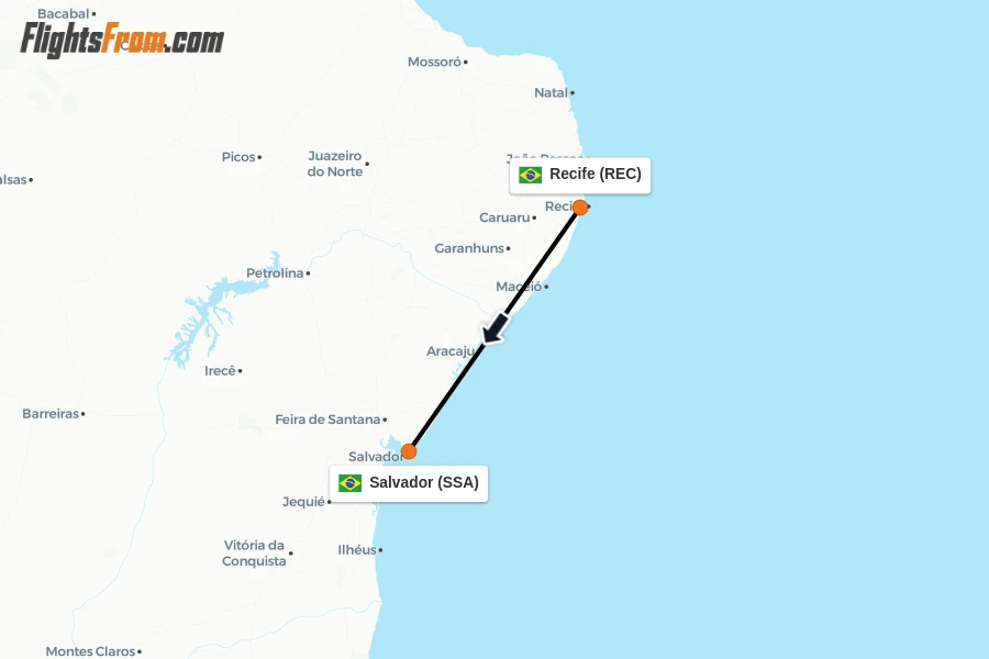 Flights from Recife to Salvador route map