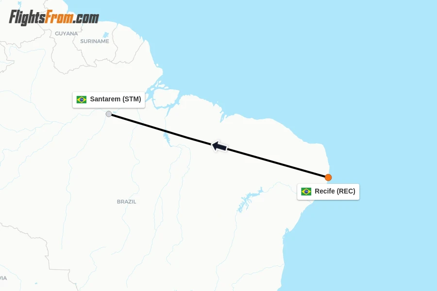 Flights from Recife to Santarem route map