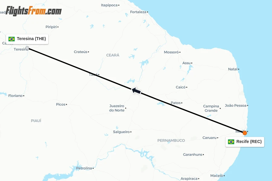 Flights from Recife to Teresina route map