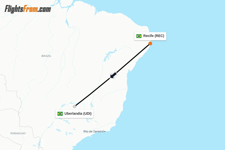 Flights from Recife to Uberlandia route map