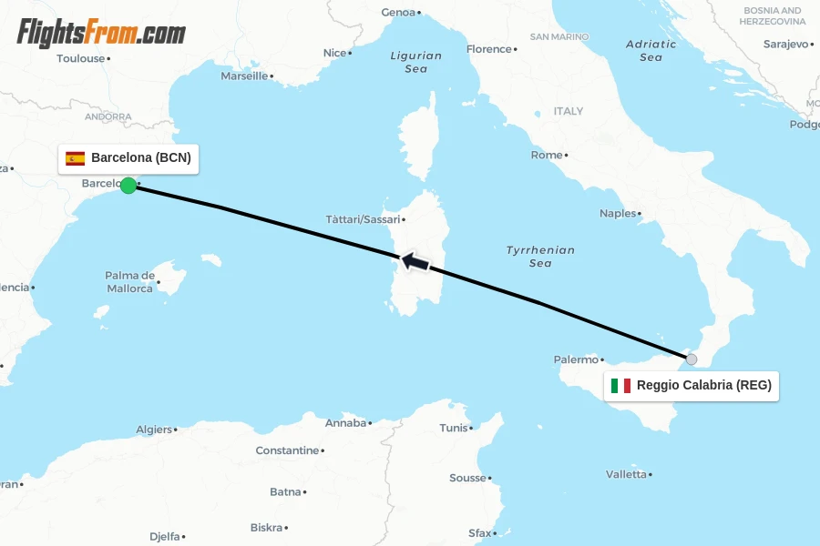 Flights from Reggio Calabria to Barcelona route map