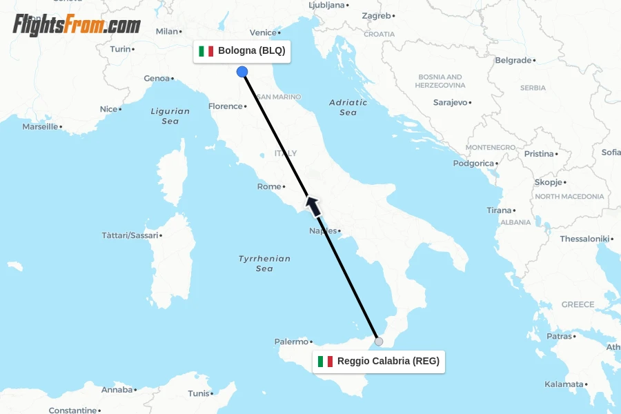 Flights from Reggio Calabria to Bologna route map