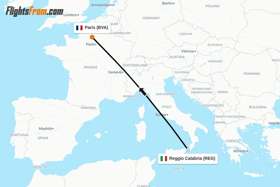 Flights from Reggio Calabria to Paris route map