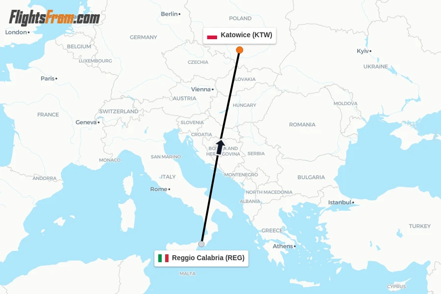 Flights from Reggio Calabria to Katowice route map