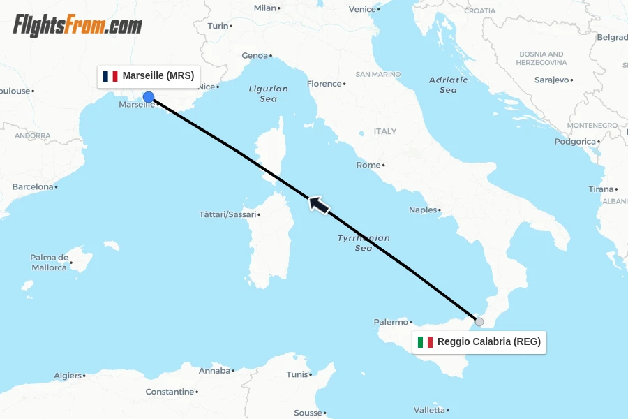 Flights from Reggio Calabria to Marseille route map
