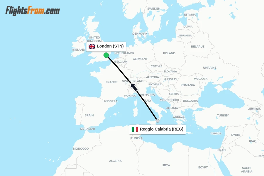 Flights from Reggio Calabria to London route map