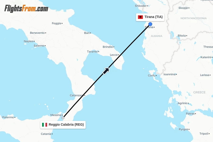 Flights from Reggio Calabria to Tirana route map
