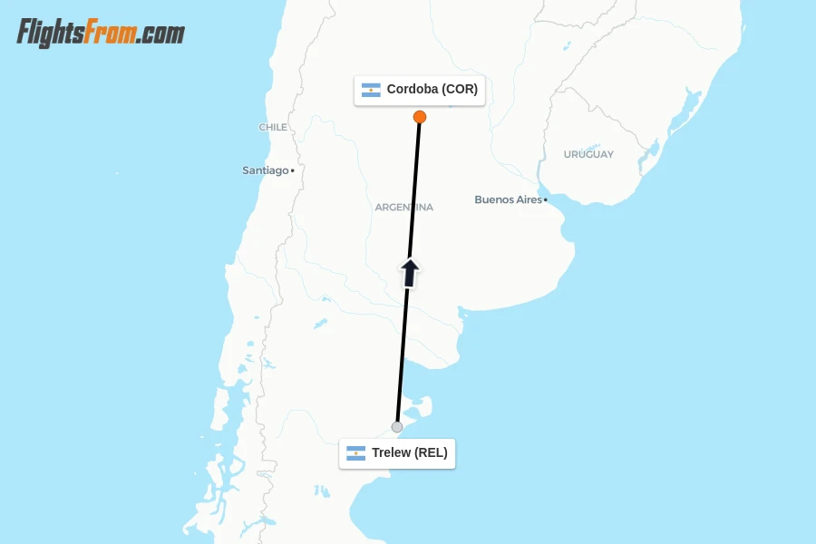 Flights from Trelew to Cordoba route map