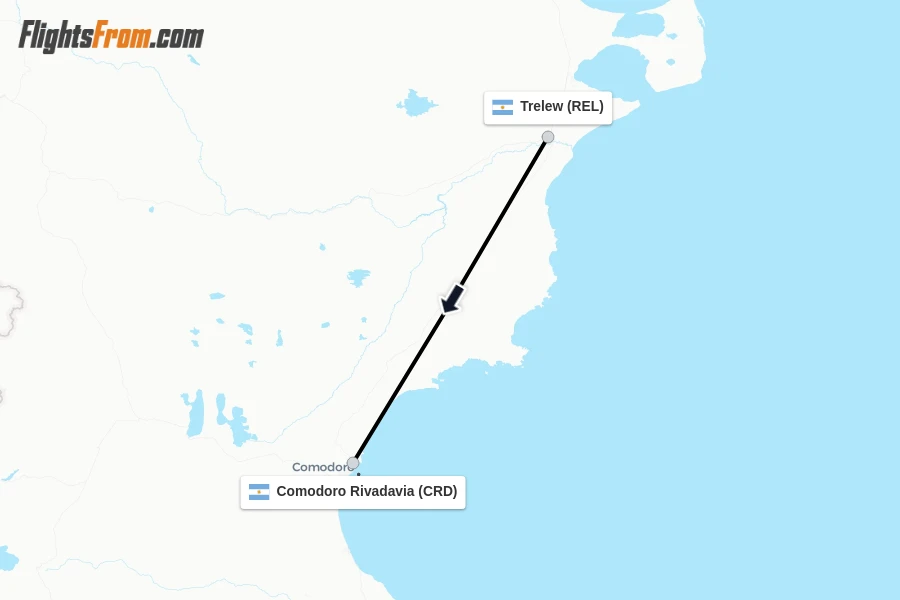 Flights from Trelew to Comodoro Rivadavia route map