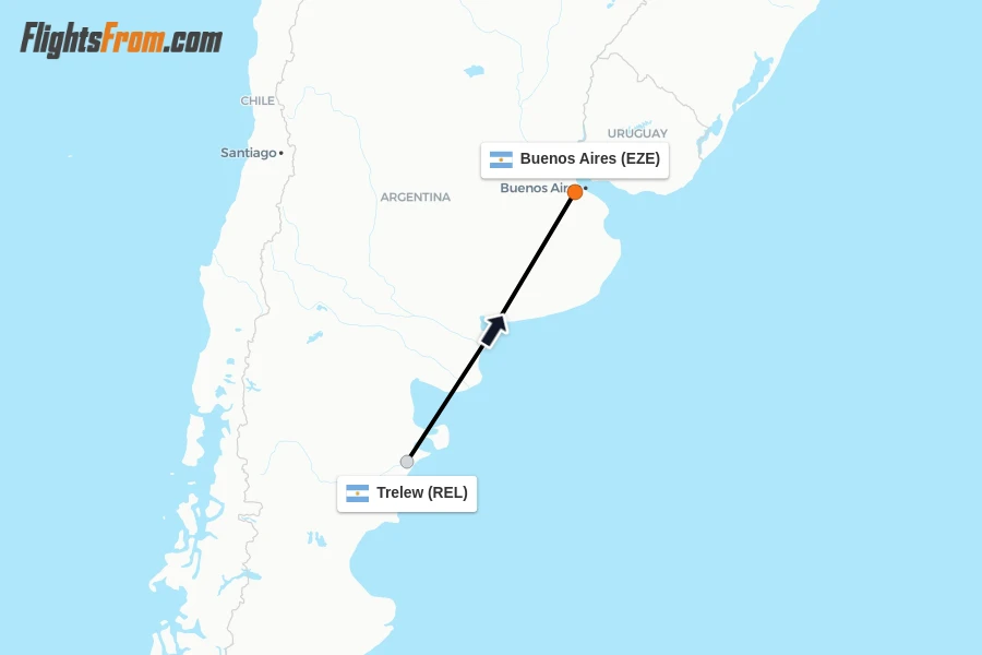 Flights from Trelew to Buenos Aires route map