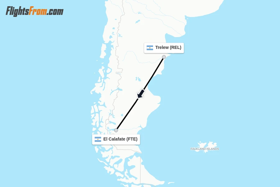 Flights from Trelew to El Calafate route map