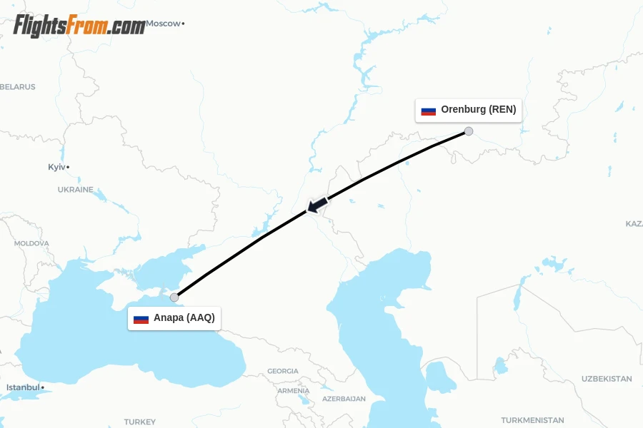 Flights from Orenburg to Anapa route map