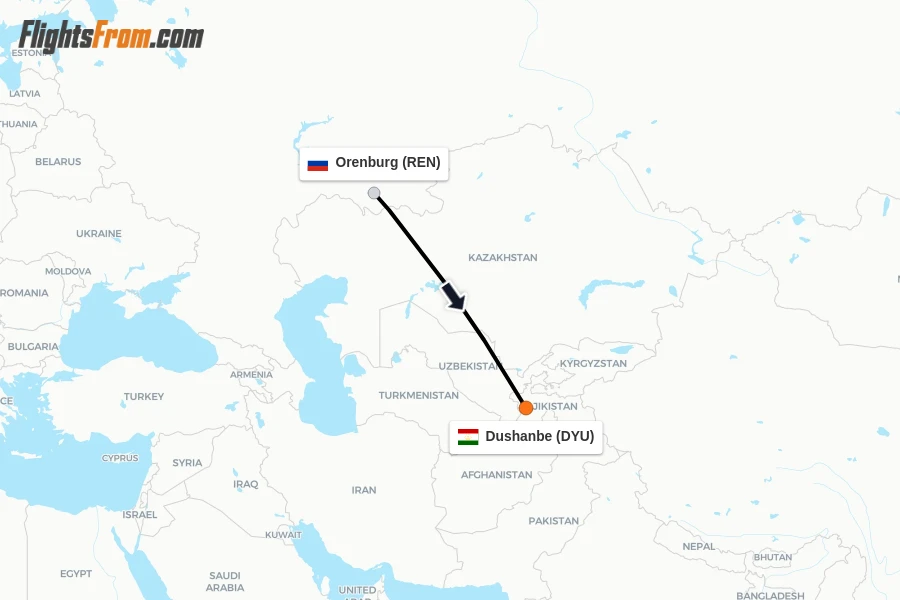Flights from Orenburg to Dushanbe route map