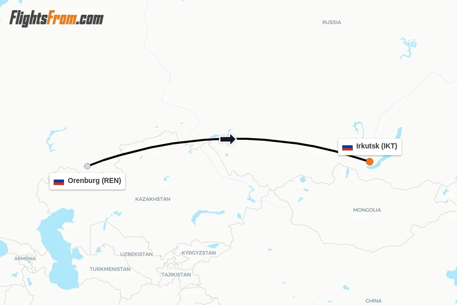 Flights from Orenburg to Irkutsk route map