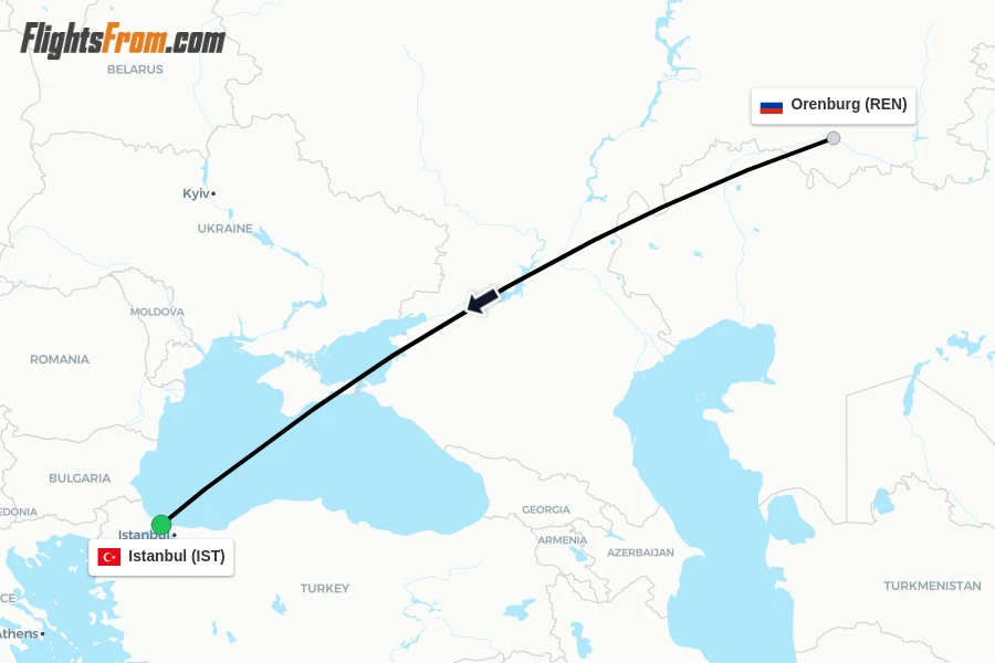 Flights from Orenburg to Istanbul route map