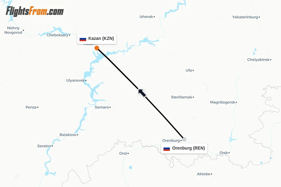 Flights from Orenburg to Kazan route map