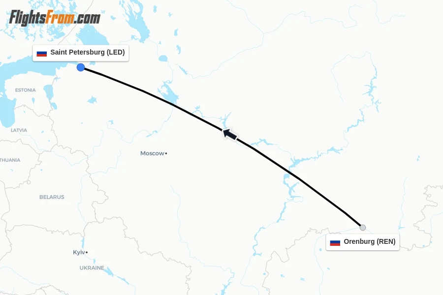 Flights from Orenburg to Saint Petersburg route map