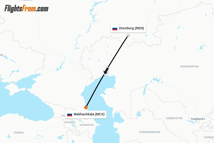 Flights from Orenburg to Makhachkala route map