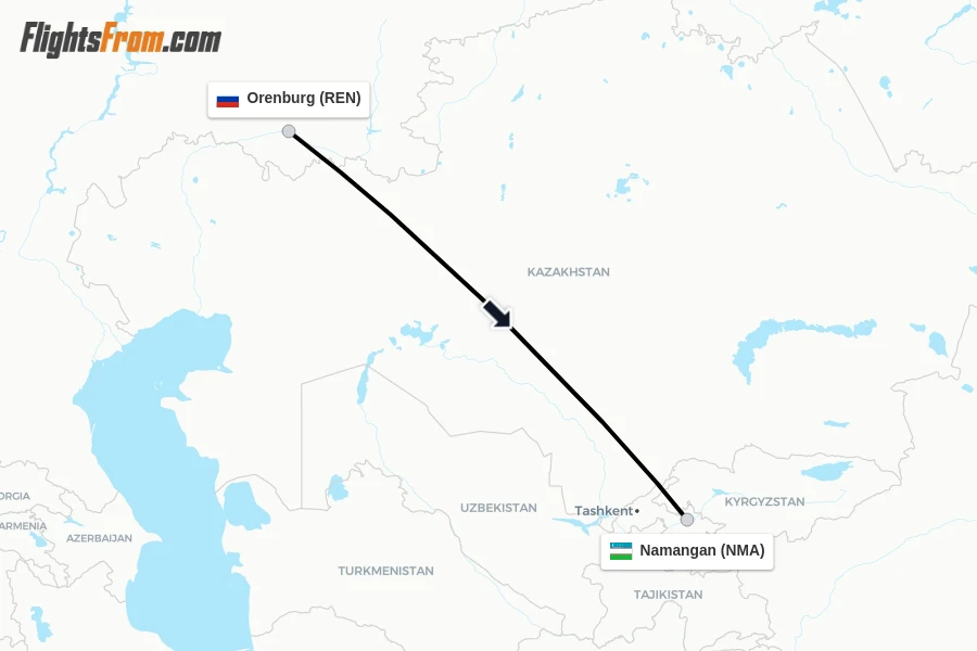 Flights from Orenburg to Namangan route map