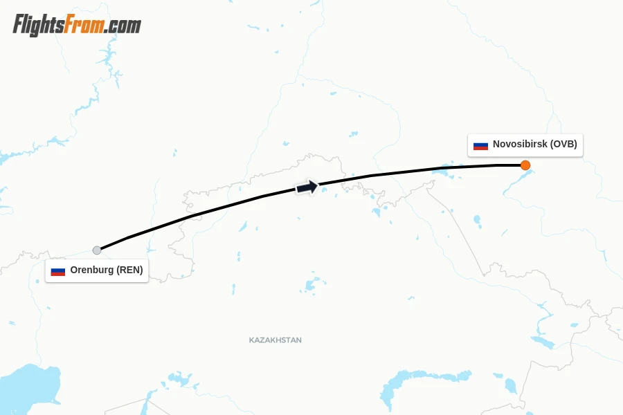 Flights from Orenburg to Novosibirsk route map