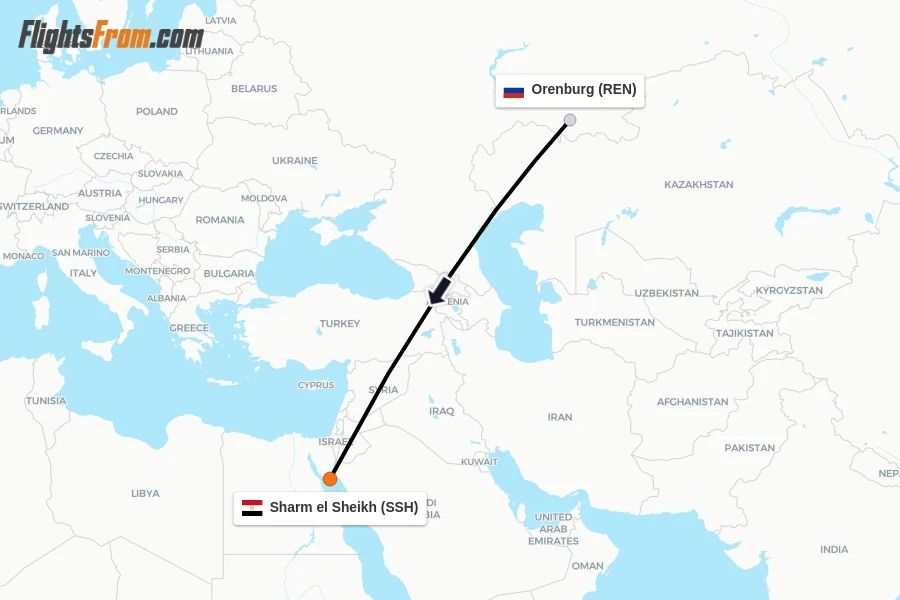 Flights from Orenburg to Sharm el Sheikh route map