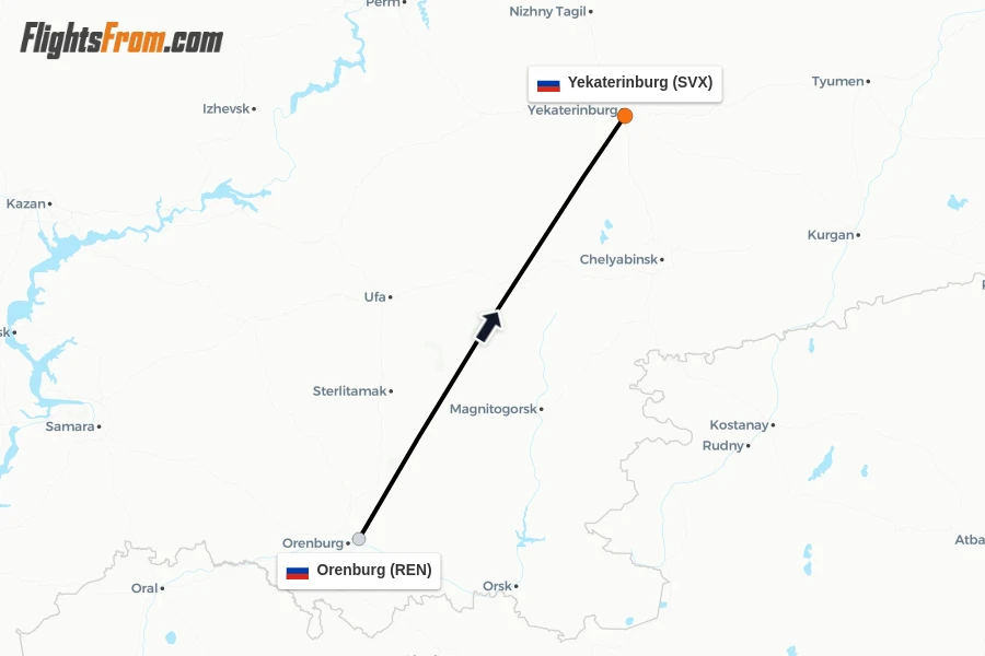 Flights from Orenburg to Yekaterinburg route map