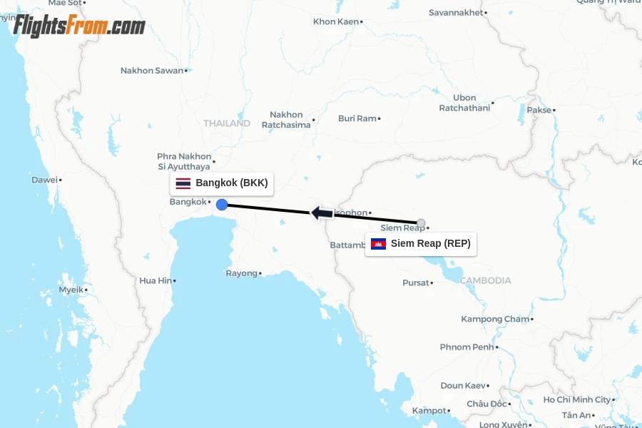 Flights from Siem Reap to Bangkok route map