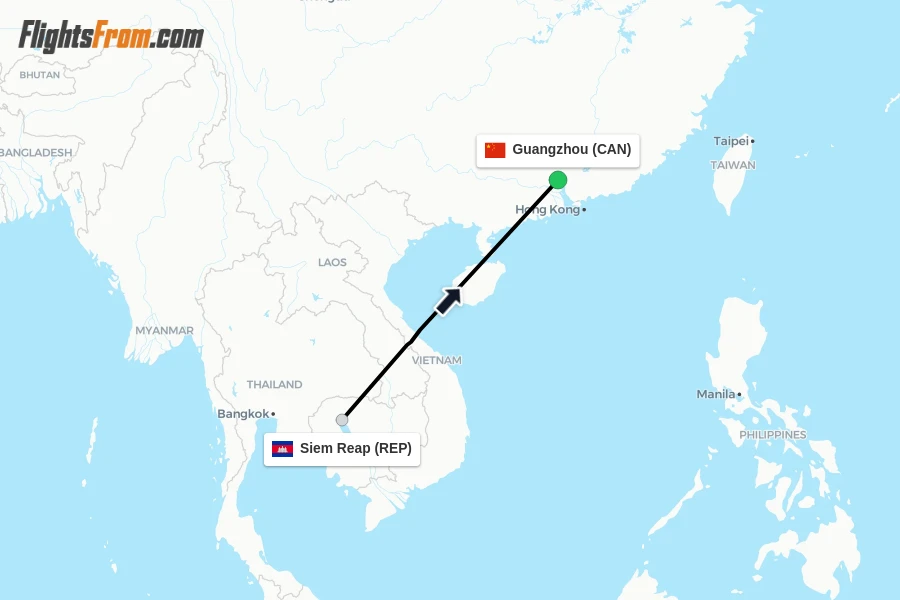 Flights from Siem Reap to Guangzhou route map