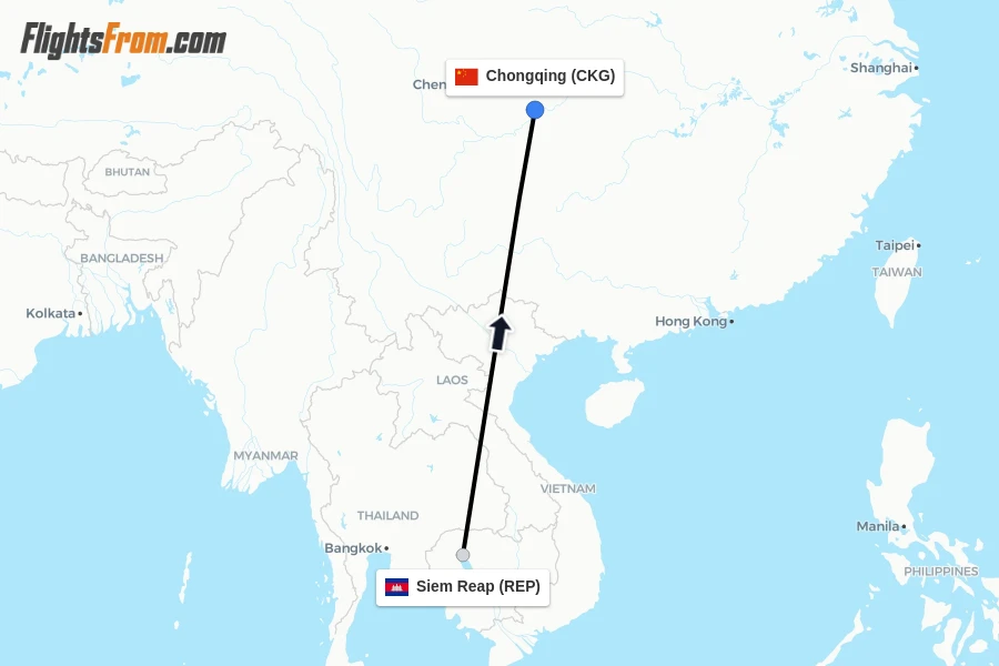 Flights from Siem Reap to Chongqing route map