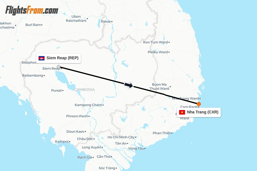 Flights from Siem Reap to Nha Trang route map