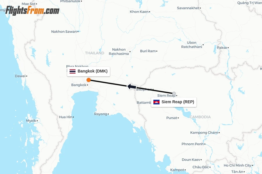 Flights from Siem Reap to Bangkok route map