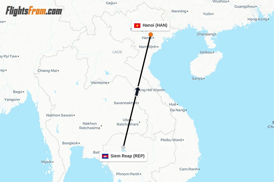 Flights from Siem Reap to Hanoi route map
