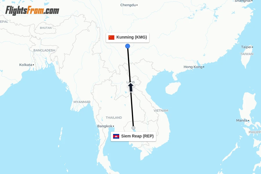 Flights from Siem Reap to Kunming route map