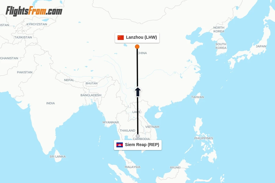 Flights from Siem Reap to Lanzhou route map