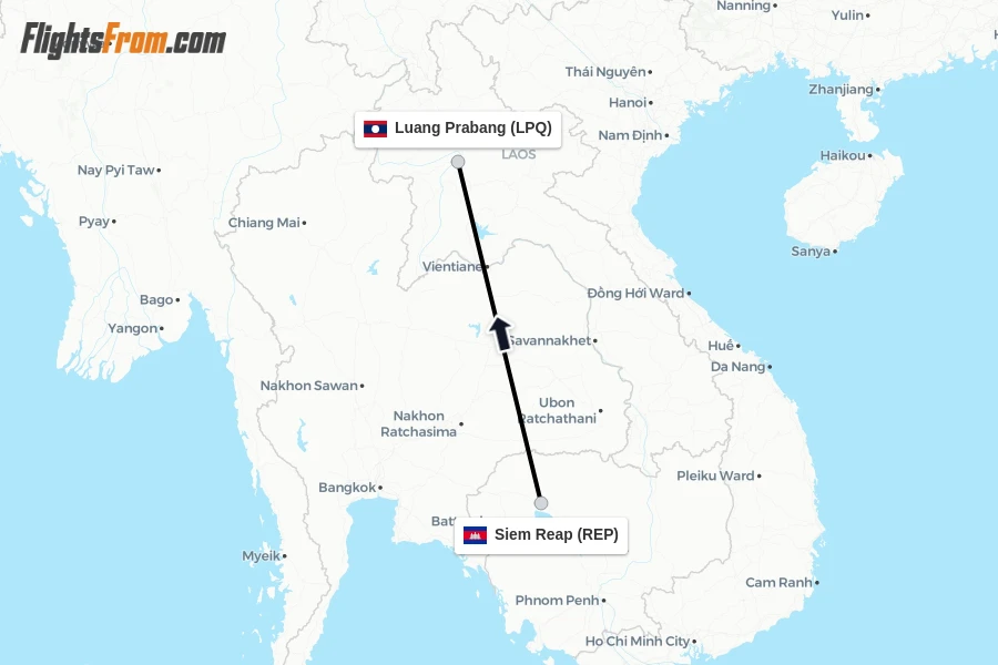 Flights from Siem Reap to Luang Prabang route map
