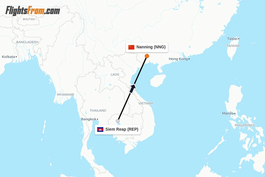 Flights from Siem Reap to Nanning route map